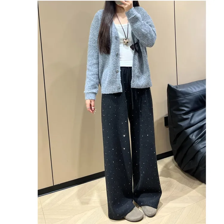 秋冬新款烫钻设计感加绒糯米休闲裤大码女装微胖mm垂感直筒拖地裤