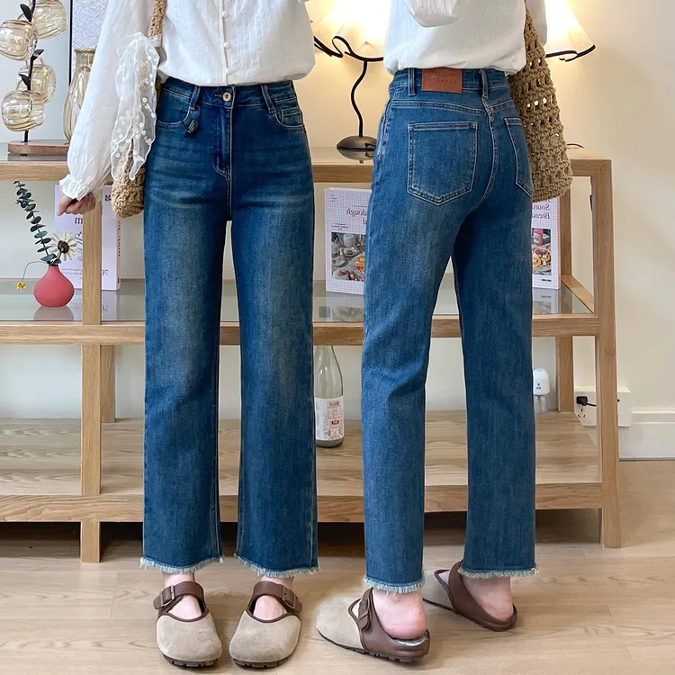 秋季新款蓝色毛边直筒牛仔裤女梨形大码小个子高腰显瘦九分法棍裤