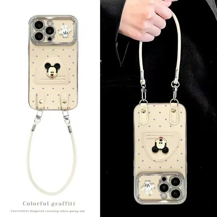 苹果/华为/小米/VIVO/OPPO电镀大视窗立体波点米奇手提绳软手机壳