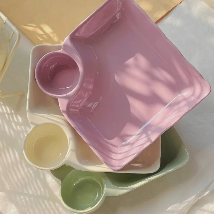 8英寸马卡龙饺子盘陶瓷餐具菜盘带醋碟炸鸡餐盘多功能水果盘家用