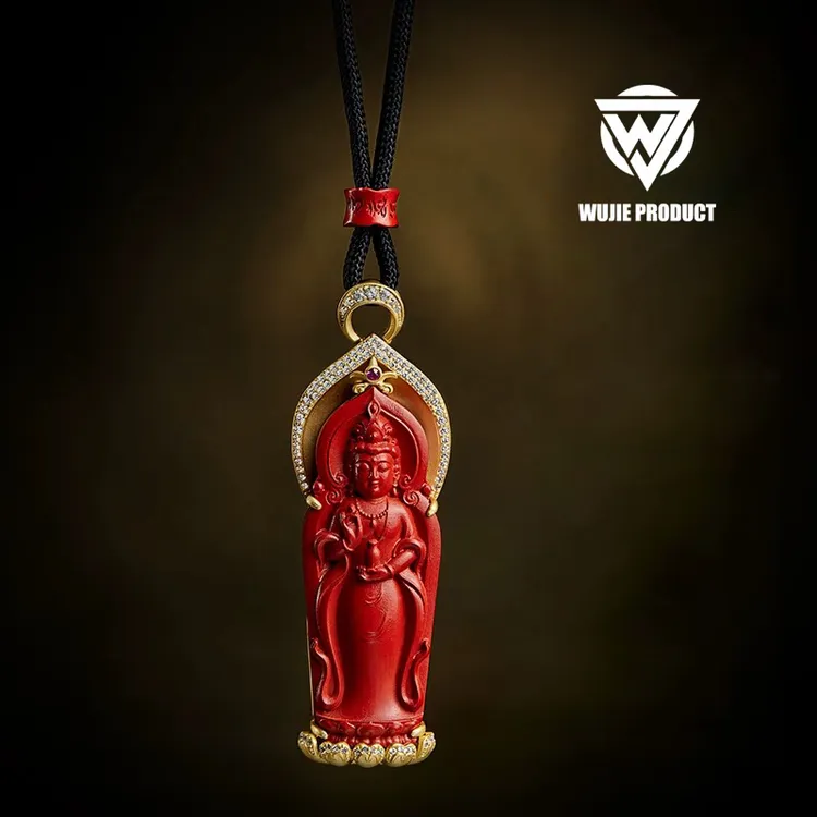 【WUJIE PRODUCT】朱砂银镀金南海观世音菩萨吊坠毛衣链