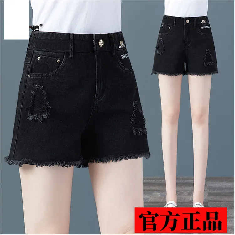 正品黑色牛仔短裤女夏季薄款高腰显瘦时尚百搭大码宽松阔腿三分裤