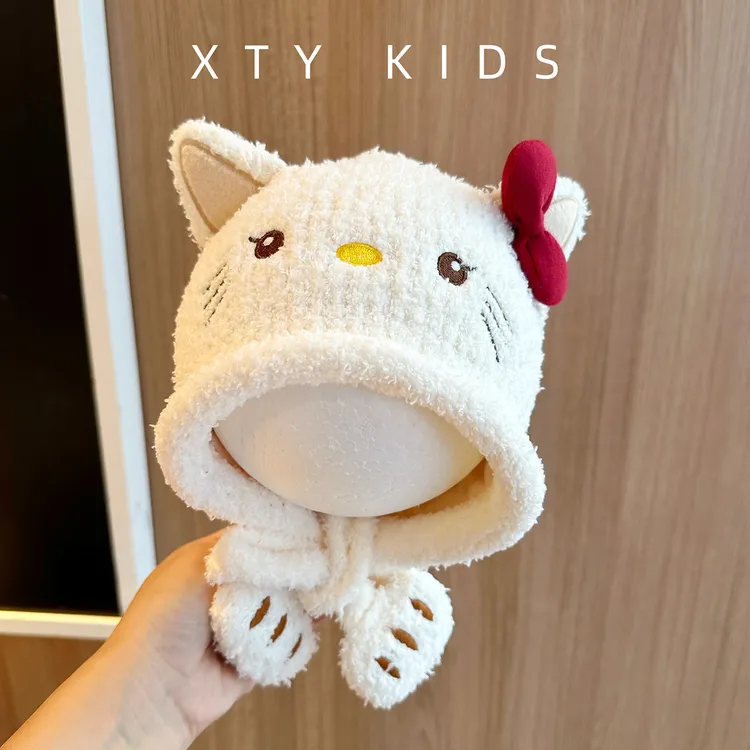 可爱宝宝帽子加厚保暖冬季护耳帽超萌小猫卡通婴幼儿童毛绒防风帽