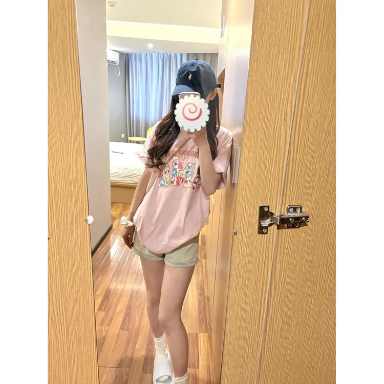 甜美清新重工可爱刺绣图案短袖t恤女夏季学院风宽松休闲百搭上衣