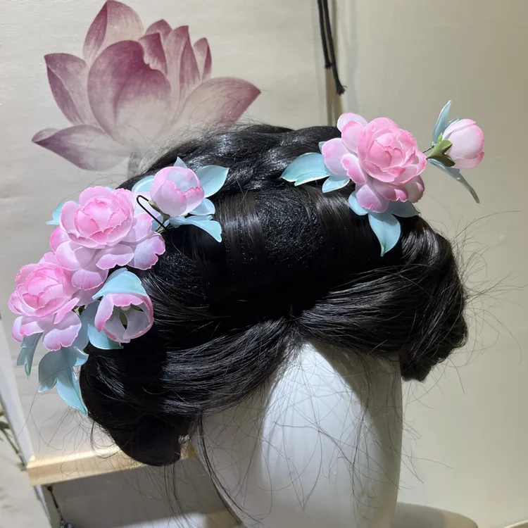 半热缩小粉芙蓉汉服头饰