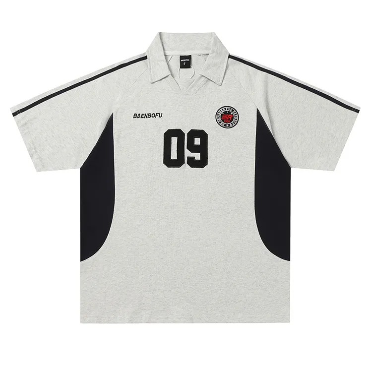 美式学院拼接POLO衫宽松运动撞色数字印花翻领短袖t恤街头中性风