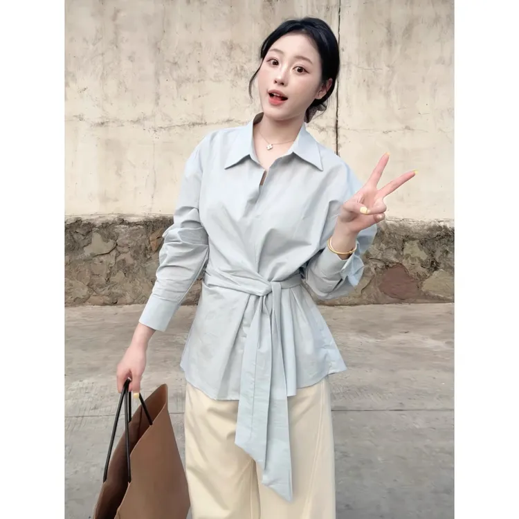 高级感气质职场通勤独特漂亮衬衫POLO领衬衣小众穿搭绑带收腰小衫