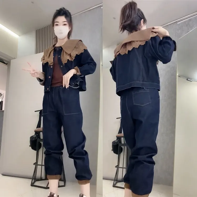 秋季时尚洋气牛仔女套装2025新款休闲减龄拼接翻领长袖上衣束脚裤