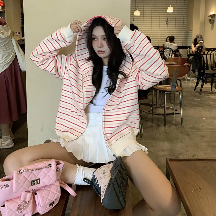 甜美粉色条纹开衫卫衣外套女秋季新款高级感设计宽松连帽拉链上衣