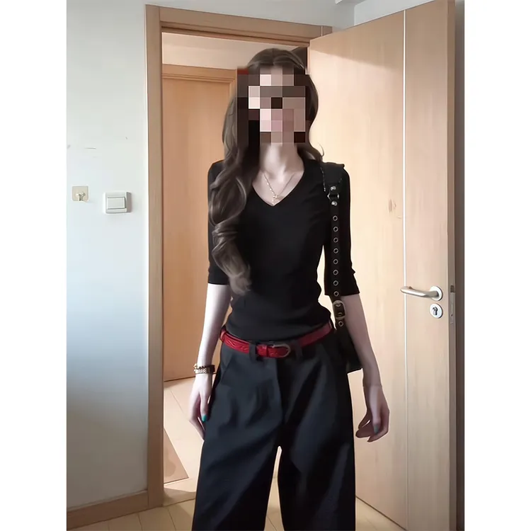 2025新款女士早秋季美式复古V领五分袖显瘦百搭T恤上衣宽松阔腿裤