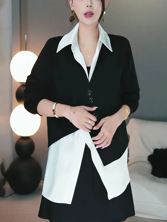 2025秋冬新款拼接设计撞色显瘦长袖衬衫女设计感小众宽松上衣气质