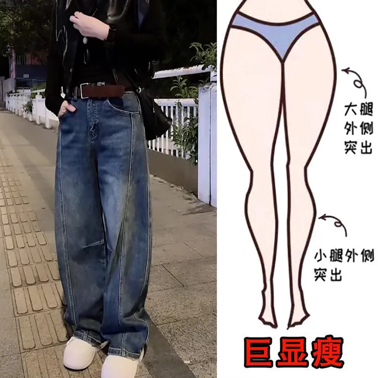 冬季新款加绒女装美式复古风百搭阔腿牛仔裤高腰遮肉显瘦宽松长裤