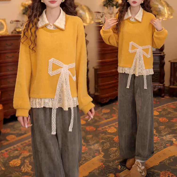 香朵儿【幻梦织锦】网红时尚蕾丝蝴蝶结卫衣女秋冬减龄显瘦打底上衣