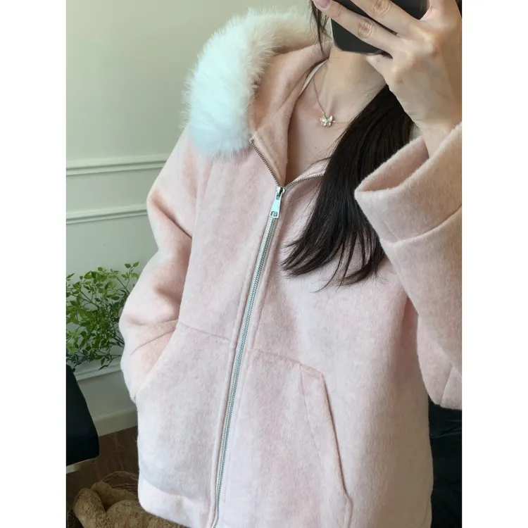 韩式粉色少女感毛呢连帽外套女冬季新款独特超好呢子大衣