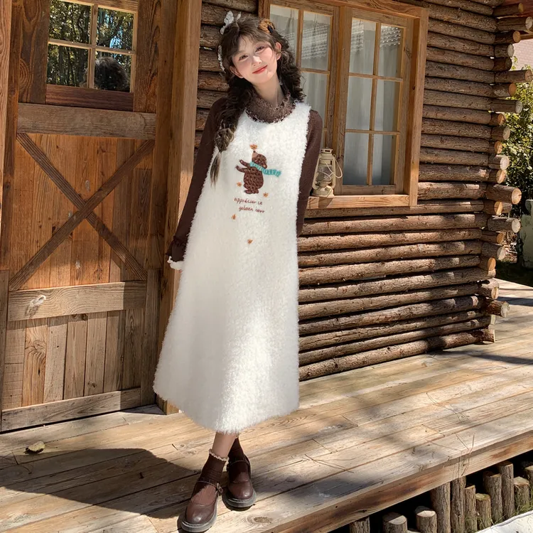 森女部落古着感叠穿毛绒背心裙刺绣宽松无袖连衣裙女秋冬2025新款