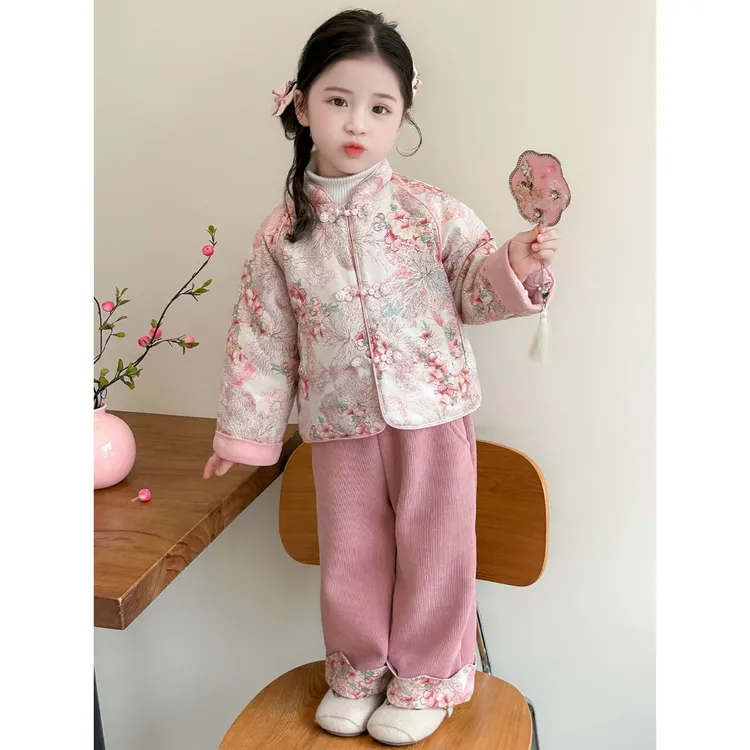 女童新中式夹棉唐装秋冬款2025女宝宝国风盘扣汉服女孩新中式套装