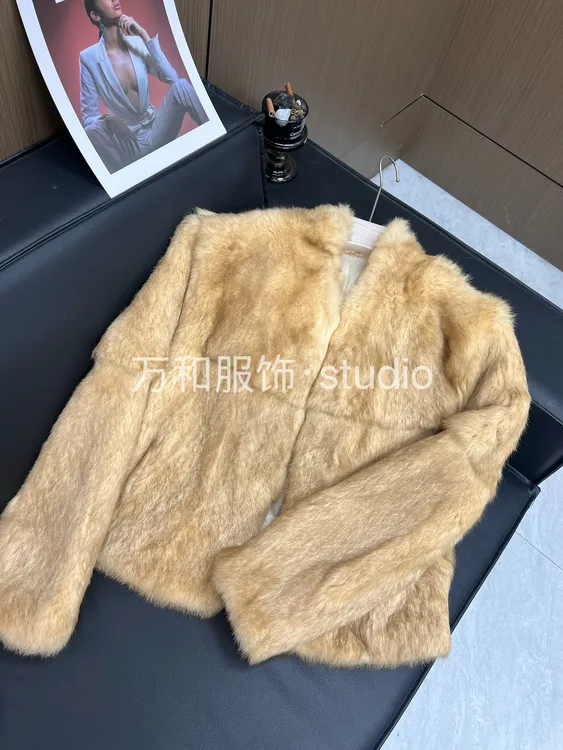 【暮色沙滩】v领定染中古双色兔毛皮草复古短款皮草外套