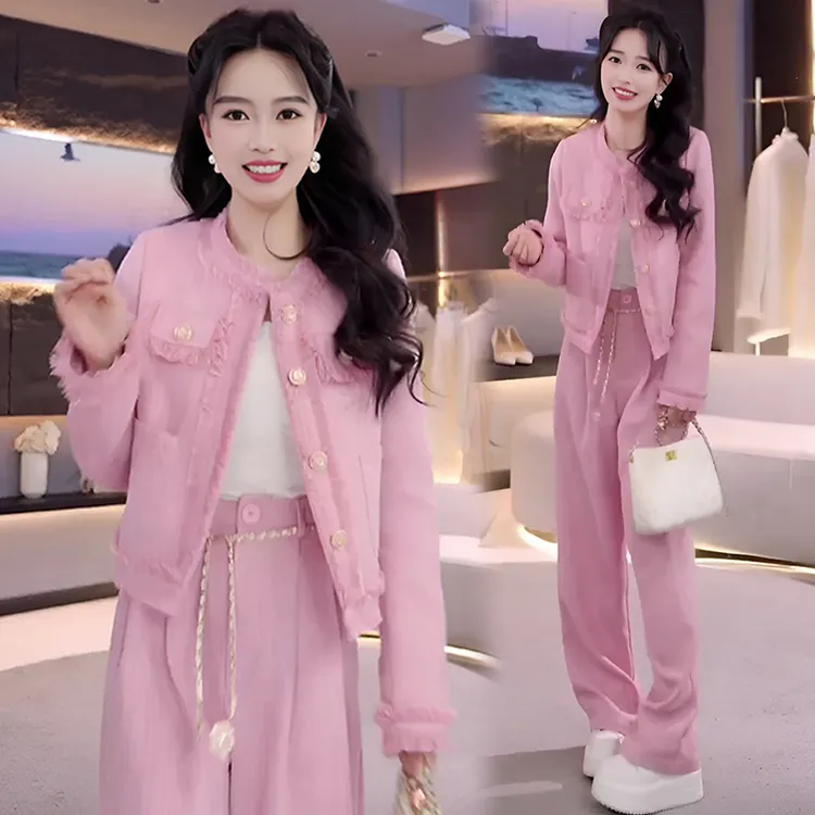 时尚休闲洋气套装女2025年春秋季新款名媛小个子高腰阔腿裤两件套