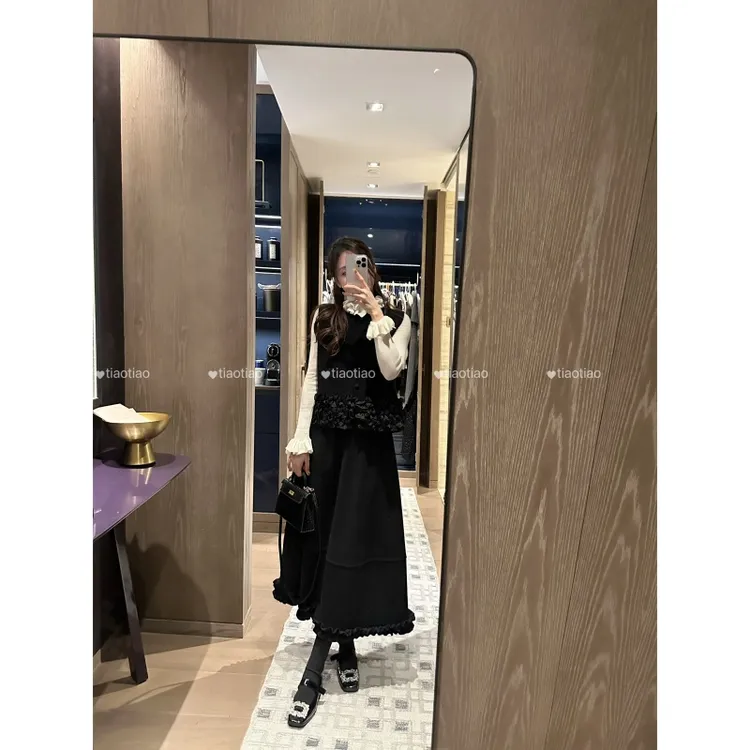 【甜美三件套】法式木耳边 温柔贵气拼接针织无袖时尚套装女冬