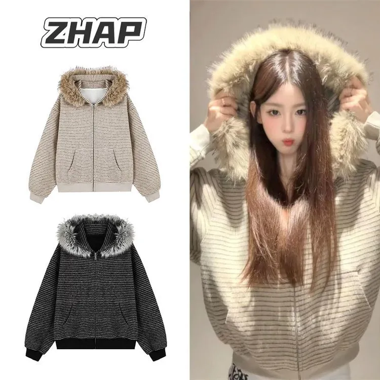 【ZHAP】毛领连帽条纹外套秋冬新款拉链卫衣慵懒风加绒加厚宽松上衣