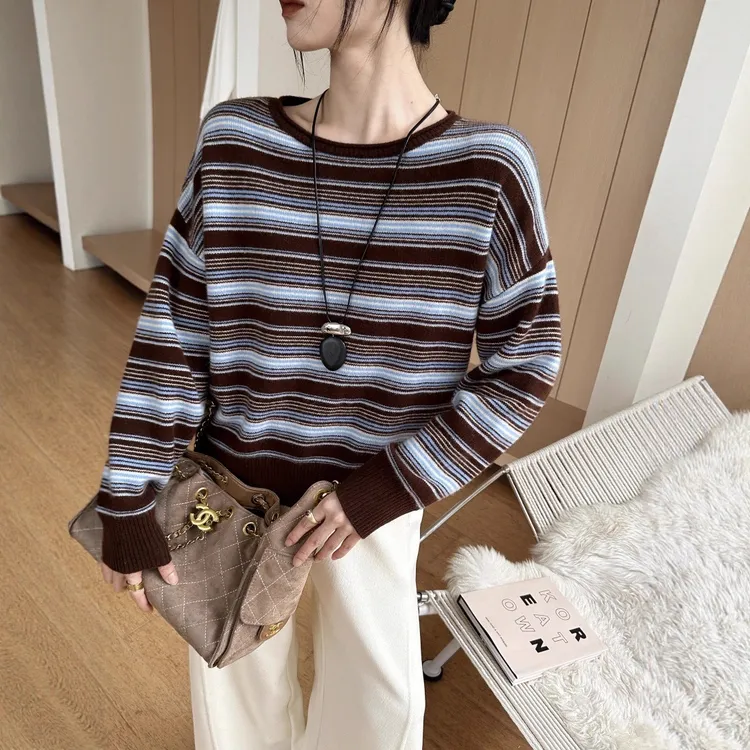 2025秋冬新款全羊毛圆领套衫条纹撞色复古韩版毛衣时尚百搭上衣女