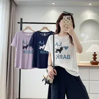 大码夏季新款时尚气质减龄正肩圆领小猫印花T恤2039