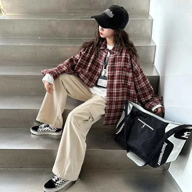 女童衬衫春秋2025春季新款初中生休闲格子衬衣女大童春装翻领外套