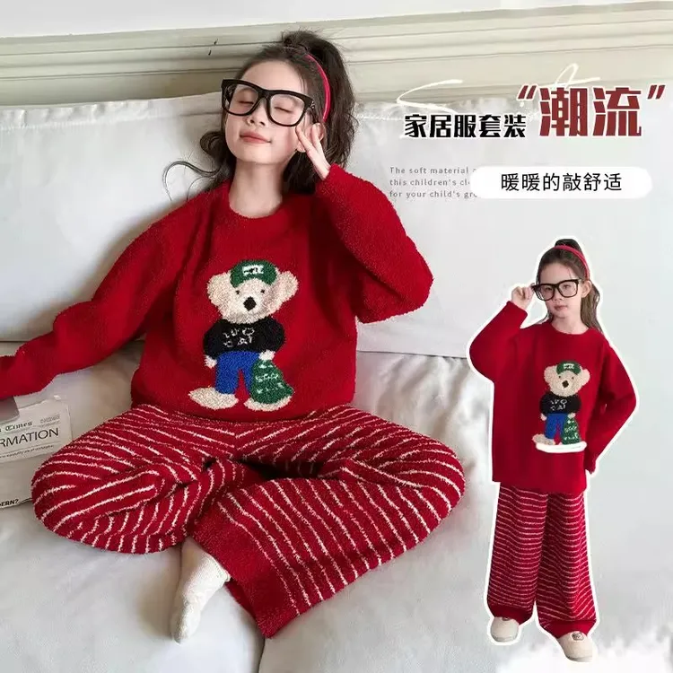 儿童睡衣秋冬款2025新款女孩半边绒家居服女童冬季加厚珊瑚绒套装