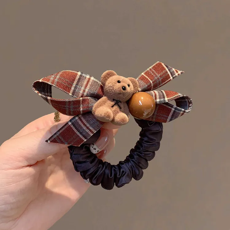 格纹蝴蝶结植绒小熊发圈韩系可爱百搭扎马尾头绳发饰秋冬新款发绳