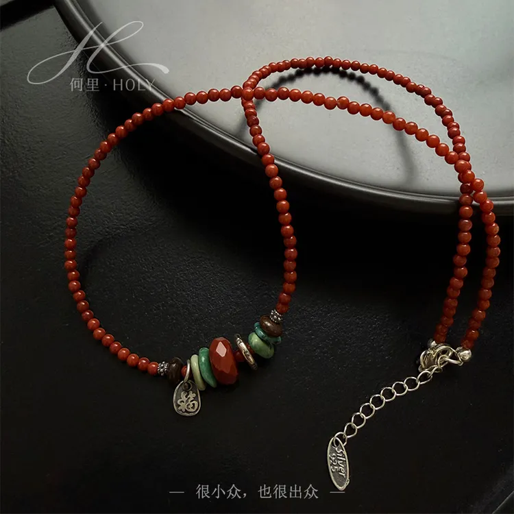 坠链均925银 【丹华】原创设计小众个性复古红色民族风串珠项链气质