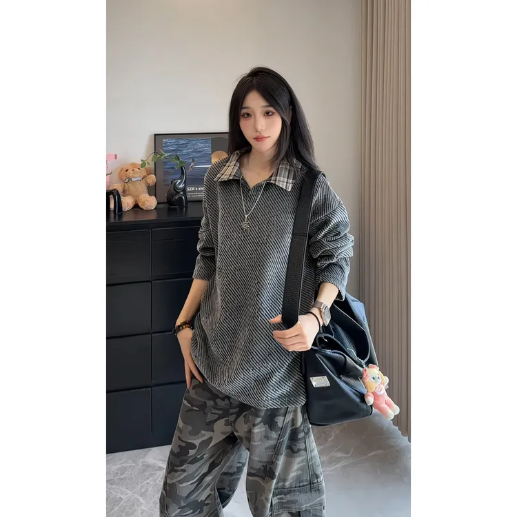 重磅雪尼尔长袖t恤男秋季美式小香风翻领打底衫大码宽松卫衣外套