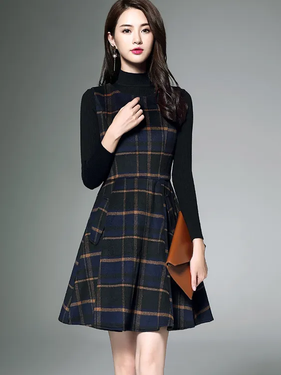 复古气质长袖秋季套头拉链轻职风连衣裙显瘦女装中长款时尚洋气女