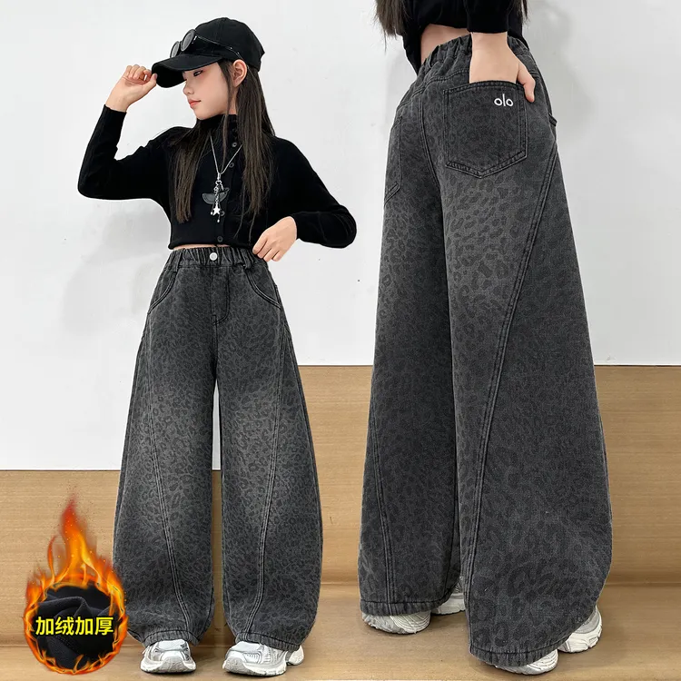 女童秋冬加绒裤子新款中大童冬季加厚一体绒牛仔裤儿童豹纹弯刀裤