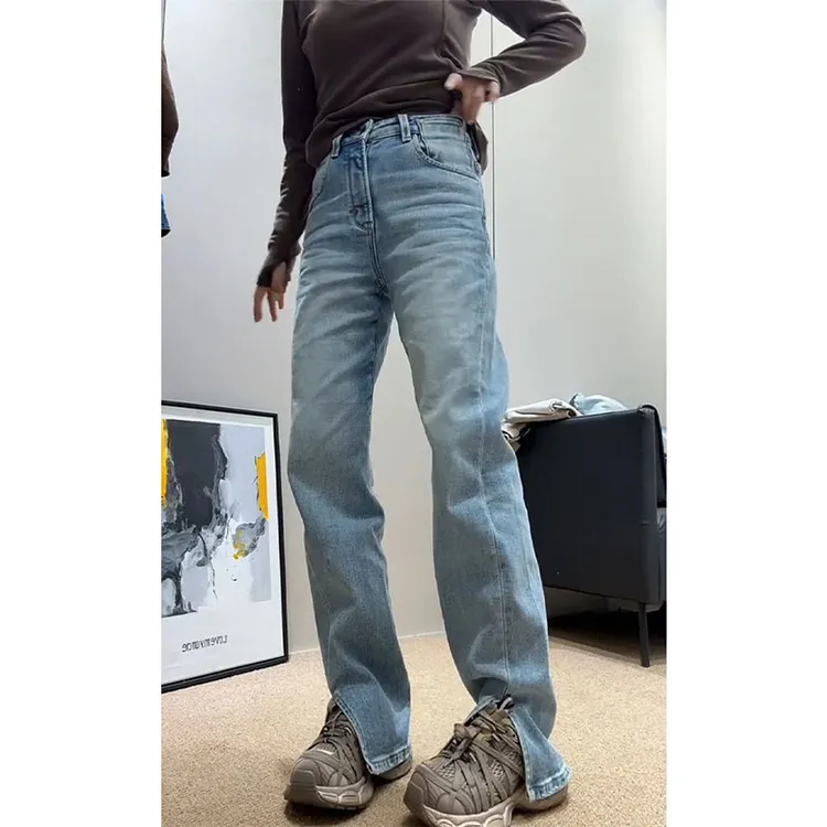2025秋冬新款加绒加厚显瘦直筒仔裤时尚潮流韩系加绒前开叉马蹄裤