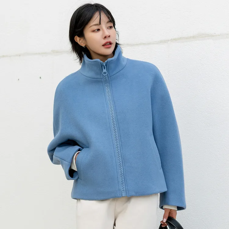 韩版立领毛呢外套夹棉内里女秋冬宽松大拉链羊毛短上衣3196