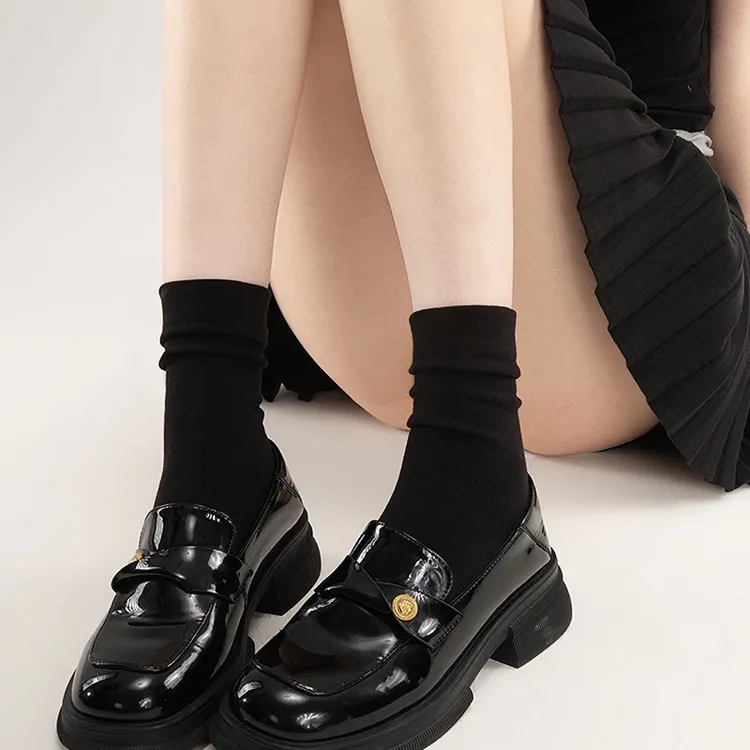 【显腿长细】风奶白黑色中筒堆堆袜女春秋纯色棉无骨月子袜少女学生