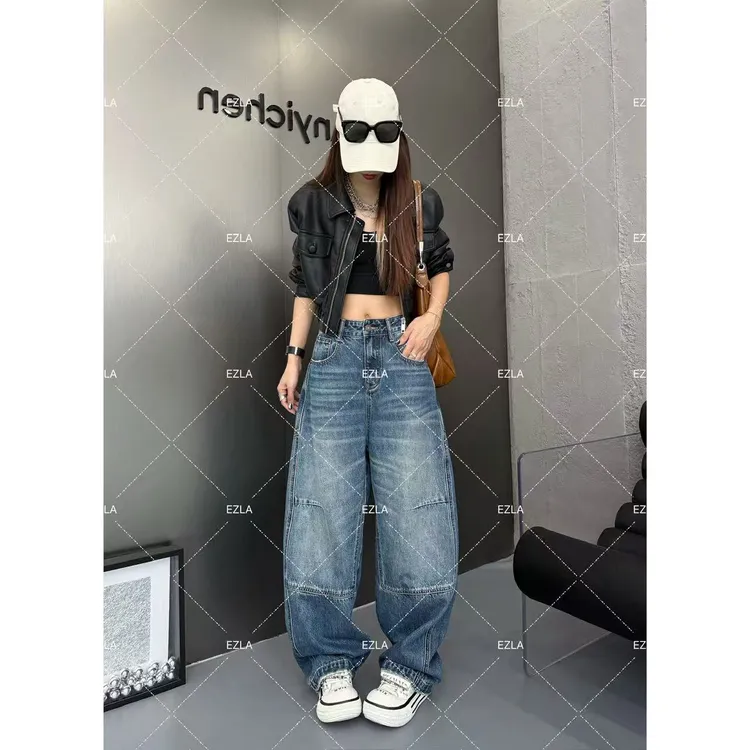 EZ8663新款弯刀裤胖mm小个子显瘦百搭宽松洋气氛围感复古牛仔裤子