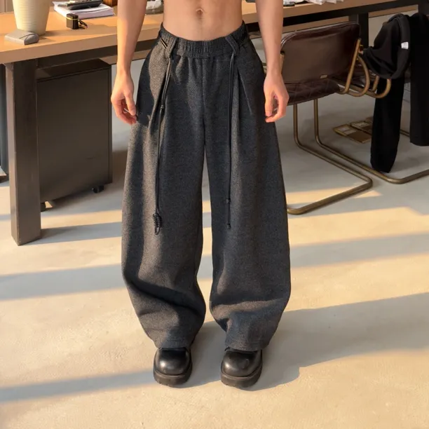 冬季桑蚕丝 绵羊毛复古加绒加厚可拆卸挂绳男女款休闲裤