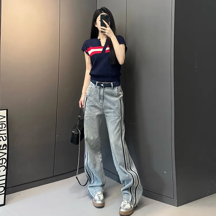 时尚条纹V领短袖针织衫女春季新款休闲上衣高腰阔腿牛仔裤直筒裤