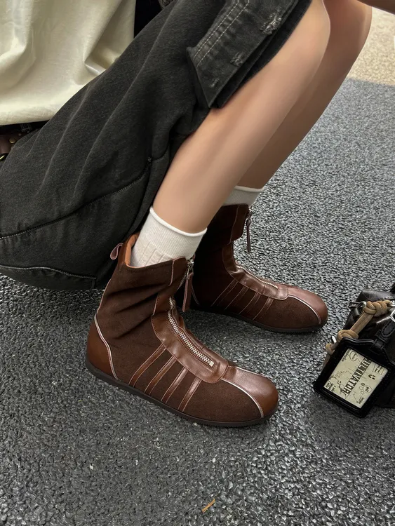 牛皮小众设计款前拉链真皮拼接短靴女圆头平底运动风马丁靴德训鞋