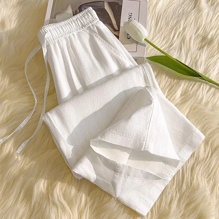 松紧腰天丝亚麻阔腿休闲裤女士夏季薄2025新款高腰垂感显瘦直筒裤