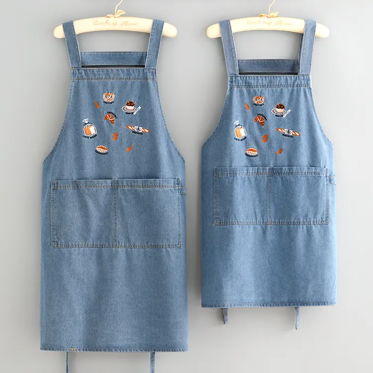 新款加长牛仔围裙刺绣文艺做饭围腰防污透气工作服餐饮专用洋气女
