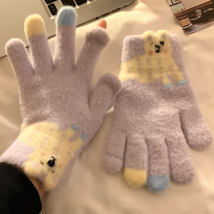 可爱小狗露指触屏毛绒保暖手套女冬季学生厚实软糯防寒骑行暖手套