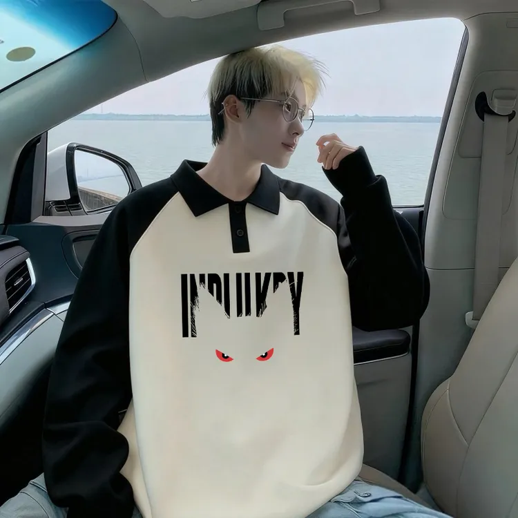 秋冬加绒翻领拼色卫衣男生大码宽松长袖上衣潮牌时尚打底衫青少年