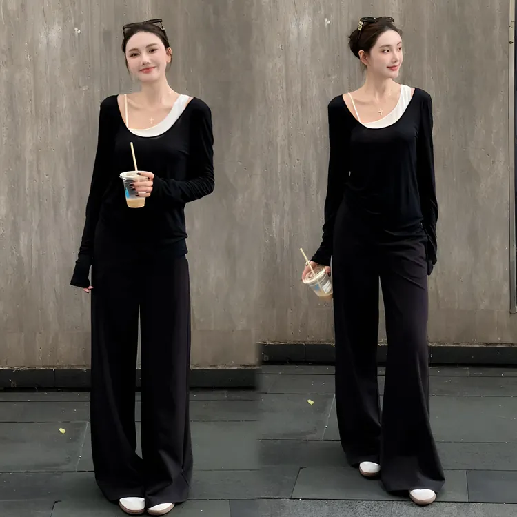 2025早秋时尚新款气质百搭显瘦高级感两件套上衣+直筒西裤套装女