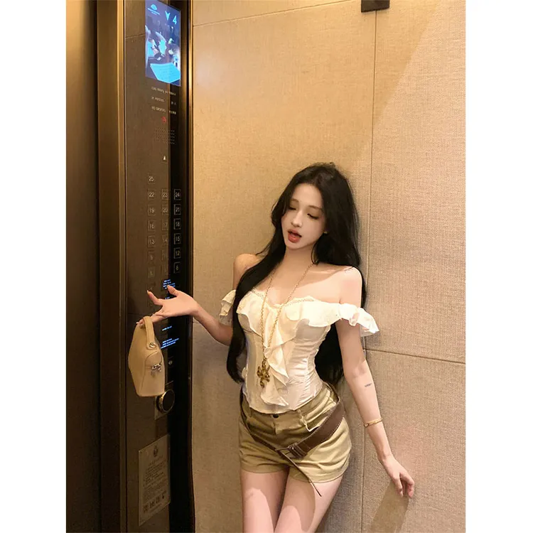 辣妹无袖抹胸上衣2025夏季鱼骨胸衣泰式露肩背心高腰百搭短裤套装