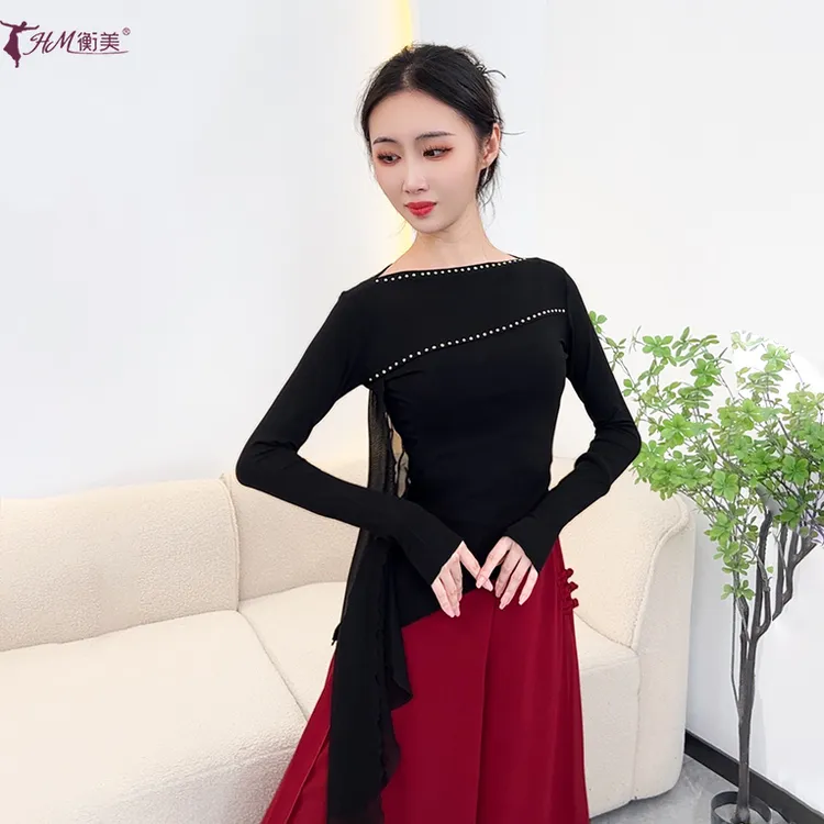 新款古典舞服长袖烫钻飘纱飘逸修身显瘦现代舞蹈练功服形体上衣秋