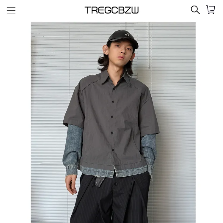 CBZW2025街头牛仔拼接长袖衬衫男美式痞帅小众休闲假两件衬衣外套