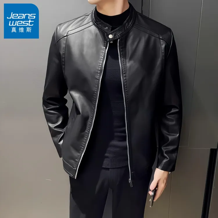 真维斯Jeanswest/男士皮衣时尚短款潮流立领机车休闲夹克韩版外套