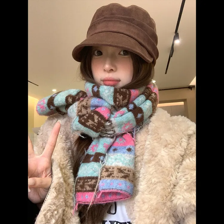 复古费尔岛羊毛混纺条纹提花围脖高级感女秋冬季加厚保暖针织围巾